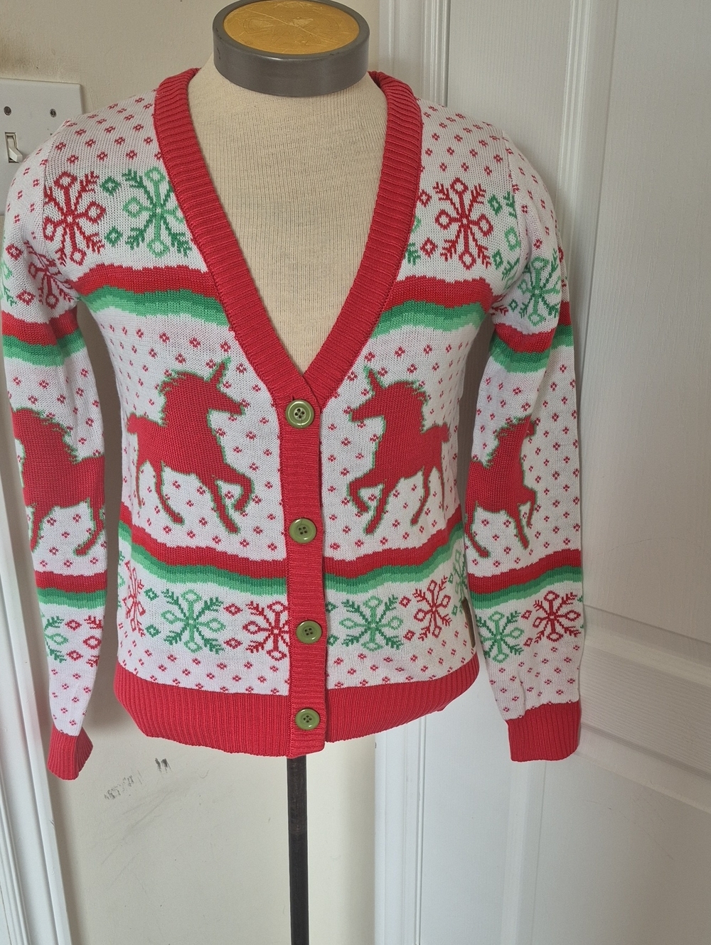 Tipsy Elves Red, Green & White Unicorn Holiday Cardigan - Picture 7 of 16